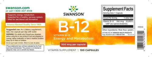 Swanson B12 vitamin 500mcg kapszula Kobalamin 100db