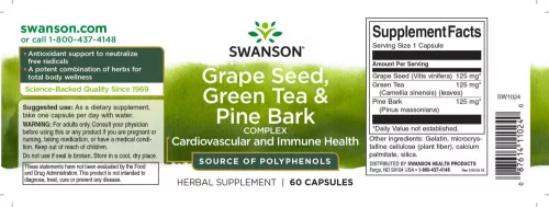 Swanson Grape Seed, Green Tea&Pine Bark (Szőlőmag, zöld tea+fenyőkéreg) 60 kapszula
