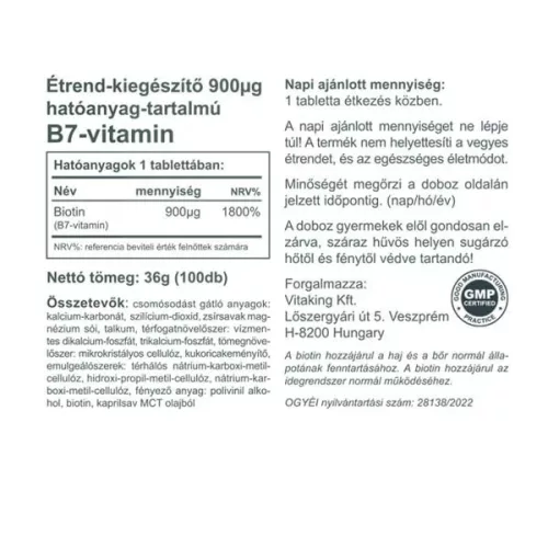Vitaking Biotin 900mcg B-7 tabletta 100db