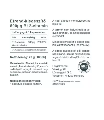 Vitaking B12 vitamin kobalamin 500mcg kapszula 100db