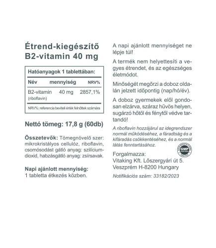 Vitaking B2 vitamin Riboflavin 40mg tabletta 60db