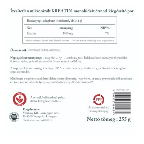 Vitaking 100% Kreatin monohidrát (natúr, mikronizált) 255g doypack