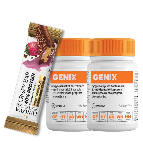 Genix fogyókúrát segítő kapszula 2x60 db + Luxoya crispy bar eper ízű fehérje szelet